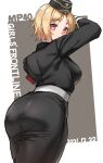  1girl armband ass black_headwear black_jacket black_skirt blonde_hair character_name copyright_name dated from_behind garrison_cap girls&#039;_frontline hat highres jacket looking_at_viewer military military_hat military_jacket military_uniform mp40_(girls&#039;_frontline) pencil_skirt red_armband short_hair skirt smile solo toryu_fufu uniform wehrmacht yellow_eyes 