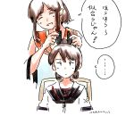  asymmetrical_hair black_ribbon black_sailor_collar brown_hair chair commentary_request dated hair_ornament hair_ribbon hairclip i-401_(kancolle) kantai_collection kuragare orange_sailor_collar ponytail ribbon sailor_collar school_uniform serafuku shikinami_(kancolle) shirt short_sleeves sitting sleeveless sleeveless_shirt speech_bubble standing translation_request white_shirt 