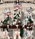  3girls animal_ears apron arknights bar_censor blush bukkake bulge censored click_(arknights) cum cum_in_container cum_in_cup cum_on_floor cum_on_hair earthspirit_(arknights) embarrassed erection erection_under_clothes excessive_cum eyebrows_visible_through_hair full-package_futanari futanari goat_horns heavyrain_(arknights) horns horse_ears horse_penis horse_tail huge_penis huge_testicles iced_latte_with_breast_milk_(meme) large_testicles long_hair looking_at_viewer meme mirin_chikuwa mouse_ears mouse_tail multiple_girls multiple_penises naked_apron penis pigeon-toed short_hair spot_color standing tail testicles 