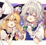  3girls :o ;d bangs black_headwear black_nails black_vest blonde_hair blue_nails blue_vest blush braid collared_shirt eyelashes frilled_sleeves frills green_ribbon hair_ribbon hat hat_ribbon holding izayoi_sakuya kirisame_marisa kyouda_suzuka letterboxed lightning_bolt_symbol long_hair looking_at_viewer moriya_suwako multiple_girls nail_polish one_eye_closed open_mouth out_of_frame pink_ribbon puffy_short_sleeves puffy_sleeves pyonta ribbon shirt short_sleeves silver_hair single_braid smile standing star_(symbol) touhou tress_ribbon turtleneck twintails twitter_username vest white_shirt wing_collar witch_hat wrist_cuffs yellow_eyes 