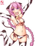  1girl alternate_costume animal_ears animal_print artist_logo bell bikini braid breasts covered_nipples cow_ears cow_girl cow_horns cow_print cow_tail cowbell dated elbow_gloves gloves horns kanon_(kurogane_knights) kantai_collection large_breasts long_hair navel neck_bell nenohi_(kancolle) one-hour_drawing_challenge open_mouth pink_hair print_bikini print_gloves print_legwear purple_eyes simple_background single_braid smile solo swimsuit tail thighhighs white_background 