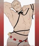  &gt;_o 1boy animal bara bird black_ribbon blue_eyes bow bowtie briefs chick closed_mouth colonel_sanders facial_hair goatee highres i_reibun kfc looking_at_viewer male_focus male_underwear mature_male muscular muscular_male mustache navel nipples one_eye_closed pectorals ribbon short_hair smile topless_male underwear white_hair white_male_underwear wrist_cuffs 