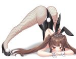  1girl animal_ears armband aroa_(user_ffwt4227) bangs bare_shoulders black_leotard blunt_bangs blush brown_hair covering_mouth eyebrows_visible_through_hair fake_animal_ears fishnet_legwear fishnets full_body hair_ornament high_heels highleg highleg_leotard highres jack-o&#039;_challenge korean_commentary leotard lily_bloomerchen long_hair looking_at_viewer playboy_bunny red_eyes shadow simple_background solo soul_worker spread_legs strapless strapless_leotard tiara top-down_bottom-up twintails v-shaped_eyebrows white_background wrist_cuffs 