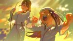  2girls bandages black_hair blurry blurry_background bow brown_eyes closed_eyes dagger fumetsu_no_anata_e highres holding_hands knife long_hair march_(fumetsu_no_anata_e) meipu_hm missing_tooth multiple_girls no_nose open_mouth outdoors pants parona rope shimenawa smile weapon 