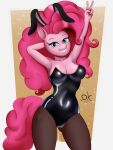  absurd_res anthro bunny_costume clothing costume demonkussh equid equine female friendship_is_magic front_view hand_behind_head hi_res horse looking_at_viewer mammal my_little_pony pinkie_pie_(mlp) pony raised_hand simple_background smile solo standing 