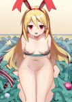  1girl arms_behind_back blonde_hair bow breasts disgaea flonne flonne_(fallen_angel) hair_bow hairband long_hair looking_at_viewer makai_senki_disgaea navel nipples nude open_mouth pointy_ears red_eyes red_hairband ribbon shuibo sitting small_breasts smile solo very_long_hair wings 