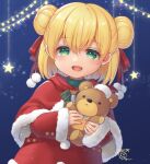  1girl artist_name bangs blonde_hair capelet christmas christmas_lights commentary_request dated double_bun dress eyebrows_visible_through_hair fur-trimmed_capelet fur-trimmed_dress fur_trim green_eyes green_shorts hair_ribbon hat highres holding holding_stuffed_toy hoshiduki_beeru indie_virtual_youtuber long_sleeves looking_at_viewer open_mouth pucho red_capelet red_dress red_ribbon ribbon santa_dress santa_hat short_hair shorts signature smile solo sparkle standing star_(symbol) stuffed_animal stuffed_toy teddy_bear turtleneck virtual_youtuber 