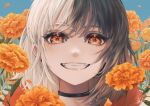  1girl black_hair choker day face flower grin highres long_hair looking_at_viewer marigold multicolored_hair orange_eyes orange_flower original outdoors silver_hair smile solo two-tone_hair yoru_shiki 