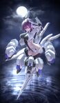  1girl absurdres alice_gear_aegis arms_up bangs breasts building closed_mouth cloud cloudy_sky eyebrows_visible_through_hair highres itaco large_breasts long_hair looking_at_viewer mecha_musume moon nikotama_mai purple_eyes purple_hair ripples sky solo 