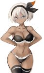  1girl abs bea_(pokemon) black_bra black_legwear black_panties blue_eyes bra breasts calvin_klein company_name dark-skinned_female dark_skin grey_hair hair_ribbon highres large_breasts looking_at_viewer panties pokemon pokemon_(game) pokemon_swsh rakeemspoon ribbon short_hair smile thick_thighs thigh_gap thighhighs thighs underwear undressing wide_hips 