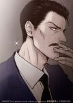  1boy black_hair blck_necktie blue_suit cigarette collared_shirt facial_hair formal hair_slicked_back highres i_reibun looking_to_the_side male_focus meitantei_conan mouri_kogoro mustache shirt short_hair sideburns smoking solo undershirt upper_body 