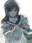  bag beige_background brown_hair bubble_tea card credit_card cup disposable_cup eyebrows_visible_through_hair helmet highres holding holding_card holding_wallet long_hair long_sleeves looking_at_viewer menu open_mouth phone plastic_bag raincoat shirt talking_on_phone tennohi vest wallet white_shirt yellow_eyes 