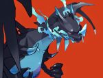  blue_fire breathing_fire charizard claws collarbone commentary_request fangs fangs_out fire gogot highres horns looking_down mega_charizard_x mega_pokemon no_humans pokemon pokemon_(creature) red_background red_eyes simple_background solo 