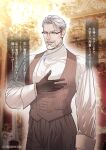  1boy alternate_pectoral_size bara colonel_sanders daijoubu?_oppai_momu? facial_hair glasses goatee grabbing highres i_reibun kfc large_pectorals looking_at_viewer male_focus mature_male muscular muscular_male mustache old old_man pectoral_grab pectoral_lift pectorals self_fondle short_hair sideburns solo translation_request white_hair 