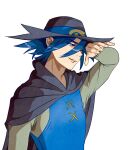  1boy bangs black_headwear blue_eyes blue_hair cloak commentary_request grey_cloak hair_between_eyes half-closed_eyes hand_up hat highres hotarina long_sleeves male_focus parted_lips pokemon pokemon_(anime) pokemon_m08 pokemon_rse_(anime) simple_background sir_aaron smile solo white_background 