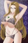  1girl argyle argyle_background armpits arms_behind_head aslindsamure banned_artist bare_shoulders breast_tattoo breasts cleavage closed_mouth collarbone commission cowboy_shot english_commentary evergreen_(fairy_tail) fairy_tail floral_print forehead glasses grey_eyes hair_over_breasts highres hip_vent large_breasts legs_apart lingerie long_hair looking_at_viewer navel patreon_username smile solo tattoo thighs underwear 