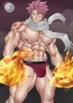  1boy abs absurdres bara briefs bulge closed_mouth earrings fairy_tail fire highres jewelry large_pectorals looking_to_the_side magic male_focus male_underwear muscular muscular_male natsu_dragneel navel nipples pectorals pink_hair pink_male_underwear scar scar_on_arm scar_on_cheek scar_on_face scar_on_leg scar_on_stomach scarf short_hair shoulder_tattoo solo spiked_hair suyohara tattoo thick_thighs thighs underwear veiny_arms 