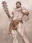  1boy abs animal_print bara beard brown_hair check_copyright club_(weapon) copyright_request facial_hair feet_out_of_frame fingernails from_below highres holding holding_weapon horns i_reibun jewelry kanabou large_pectorals loincloth male_focus mature_male muscular muscular_male mustache navel necklace nipples oni oni_horns original pectorals revealing_clothes sharp_fingernails short_hair solo spiked_club standing stomach thick_thighs thighs tiger_print topless_male weapon 