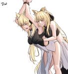  2girls absurdres animal_ear_fluff animal_ears arknights arms_up bangs bare_arms bare_shoulders bdsm blemishine_(arknights) blonde_hair bondage bound bound_wrists breasts clothing_cutout commentary eyebrows_visible_through_hair feet_out_of_frame hand_under_clothes headset highres incest jw_(wrdawrda) large_breasts midriff multiple_girls nearl_(arknights) one_eye_closed open_mouth restrained siblings simple_background sisters smile standing sweat thighs white_background yellow_eyes yuri 