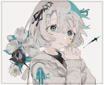  1girl aqua_eyes aqua_hair aqua_ribbon black_eyes black_flower black_ribbon black_rose black_shirt crossed_arms crying crying_with_eyes_open daisy flower framed gradient_hair grey_hair hair_ornament hairclip jacket leaf long_sleeves looking_away looking_to_the_side multicolored_eyes multicolored_hair original ribbon ribbon_hair rose shirt short_hair solo tears toasu upper_body white_background white_flower white_hair white_jacket white_ribbon 