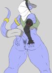  absurd_res anthro anus blue_body breasts butt claws clothed clothing female genitals hat headgear headwear hi_res mature_female muscular muscular_female partially_clothed pussy scalie simple_background smile solo tolerain_(artist) yellow_eyes 