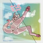  against_surface anthro backsack balls blep butt butthole_eye exhibitionism genitals hi_res kobold looking_at_viewer looking_down looking_down_at_viewer low-angle_view male mane on_glass pawpads paws pink_body pink_pawpads rear_view solo statiik_(artist) text thick_tail tongue tongue_out voyeur worm&#039;s-eye_view 
