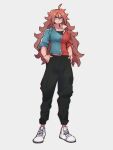  1girl :o adapted_costume ahoge android_21 black_pants blue_eyes blue_jacket dragon_ball dragon_ball_fighterz earrings full_body glasses grey_background hoop_earrings jacket jewelry kemachiku long_hair looking_at_viewer multicolored_clothes multicolored_jacket pants raglan_sleeves red_hair red_jacket shoes simple_background solo standing two-tone_jacket white_footwear 