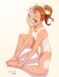  1girl aqua_eyes barefoot breasts brown_hair completely_nude dark-skinned_female dark_skin female_pubic_hair grin looking_at_viewer natsuumi_manatsu nipples nude one-piece_tan ponytail precure pubic_hair sitting small_breasts smile solo tan tanlines tropical-rouge!_precure tsukudani_(coke-buta) 