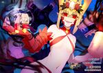  1girl asymmetrical_gloves blonde_hair crown draco_(fate) dragon evil_smile facial_mark fate/grand_order fate/grand_order_arcade fate_(series) flat_chest giant giantess gloves highres holy_grail_(fate) looking_at_viewer mismatched_gloves navel planet queen_draco_(fate) red_eyes red_gloves short_hair smile solo space tempuru upper_body web_address white_gloves 