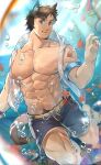  1boy abs animal_ears bara bare_pectorals blue_eyes blue_male_swimwear brown_hair cat_ears dog_boy dog_ears dog_tail facial_hair foot_out_of_frame goatee highres jacket large_pectorals male_focus male_swimwear mature_male muscular muscular_male navel navel_hair nipples open_clothes open_jacket original pectorals rainbow see-through see-through_jacket short_hair sideburns solo stomach swim_trunks swimming tail tekkowang thick_eyebrows thighs 