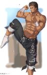  1boy abs absurdres banaged_arm bandiad_on_nose bara brown_hair dark-skinned_male dark_skin facial_hair fighting_stance foot_out_of_frame goatee highres kicking male_focus mature_male muscular muscular_male navel navel_hair nipples original pants pants_rolled_up pectorals short_hair sideburns solo stomach tekkowang topless_male 