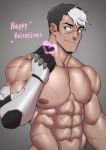  1boy abs absurdres bara black_hair closed_mouth finger_heart happy_valentine heart highres large_pectorals male_focus mechanical_arms multicolored_hair muscular muscular_male navel nipples pectorals prosthesis prosthetic_arm scar scar_on_arm scar_on_chest scar_on_face scar_on_nose short_hair sideburns single_mechanical_arm smile solo suyohara takashi_shirogane two-tone_hair upper_body voltron:_legendary_defender white_hair 