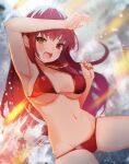  1girl arrow_through_heart ass_visible_through_thighs bikini blurry blurry_background blush breasts eyebrows_visible_through_hair hair_between_eyes heterochromia hololive hololive_fantasy houshou_marine jewelry locket navel open_mouth pendant red_bikini red_hair red_nails solarisu solo swimsuit tears underboob virtual_youtuber water water_drop wavy_mouth 
