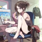  1girl armpit_peek ball bangs black_hair blue_eyes bubble_tea chair closed_mouth clothes_hanger computer crossed_legs cup cushion desk disposable_cup dolphin_shorts drinking_straw folded_ponytail glasses highres holding holding_ball holding_cushion laptop light_particles light_smile looking_at_screen mirror nintendo_switch office_chair one_knee screen shirt shorts sitting sleeveless sleeveless_shirt slime_(dragon_quest) solo stuffed_toy tennohi thermos typing wavy_hair 