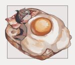  1boy ahoge bacon bangs black_coat black_hair border bread bread_slice closed_eyes coat fatalbug896 food food_focus fried_egg highres in_food lying male_focus miniboy nose_bubble on_back original outside_border sandwich short_hair sleeping sleeves_past_fingers sleeves_past_wrists solo sunny_side_up_egg under_covers white_background wille_(fatalbug896) 