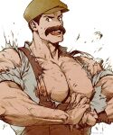  1boy bara bare_pectorals bursting_pectorals character_request copyright_request exploding_clothes facial_hair flexing highres i_reibun large_pectorals looking_at_viewer male_focus mature_male muscular muscular_male mustache nipples overalls pectorals pose shirt short_hair sideburns solo torn_clothes torn_shirt upper_body veiny_hands 