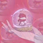  bear chromatic_aberration hands hat highres no_humans polar_bear rasukusekai red_background red_headwear red_scarf santa_hat scarf snow_globe sparkle stuffed_animal stuffed_toy teddy_bear 