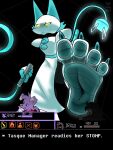  4_toes anthro canid canine canis deltarune domestic_dog english_text eyes_closed feet felid feline fingers foot_focus gameplay_mechanics hi_res holding_object human humanoid_feet machine macro mammal randytheartdog robot soles tasque_manager text toes undertale_(series) video_games 