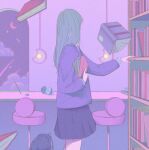  1girl backpack bag black_skirt blue_hair book bookshelf cloud cowboy_shot crescent_moon highres holding holding_book jacket long_hair moon open_book original pleated_skirt purple_jacket purple_theme rasukusekai skirt solo stool window 