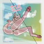  against_surface anthro blep butt butthole_eye exhibitionism female genitals hi_res kobold looking_at_viewer looking_down looking_down_at_viewer low-angle_view mane on_glass pawpads paws pink_body pink_pawpads pussy rear_view solo statiik_(artist) text thick_tail tongue tongue_out voyeur worm&#039;s-eye_view 