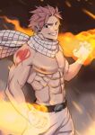  1boy abs absurdres bara belt fairy_tail fire highres large_pectorals looking_at_viewer magic male_focus muscular muscular_male natsu_dragneel navel nipples pants pectorals pink_hair scarf short_hair shoulder_tattoo smile solo spiked_hair suyohara tattoo teeth topless_male white_pants 