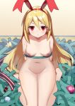  1girl arms_behind_back blonde_hair bow breasts disgaea flonne flonne_(fallen_angel) hair_bow hairband long_hair looking_at_viewer makai_senki_disgaea navel nipples nude pointy_ears pussy red_eyes red_hairband ribbon shuibo sitting small_breasts smile solo very_long_hair wings 