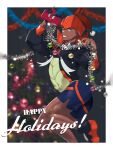  1boy 95_guo absurdres black_footwear black_hoodie blue_eyes blurry border christmas christmas_tree commentary dark-skinned_male dark_skin earrings gloves grin happy_holidays headband highres holding holding_phone hood hoodie jewelry leg_up male_focus orange_headband partially_fingerless_gloves phone pokemon pokemon_(game) pokemon_swsh raihan_(pokemon) rotom rotom_phone shoes short_hair shorts side_slit side_slit_shorts single_glove smile teeth tinsel undercut white_border 