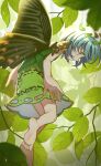  1girl alternate_eye_color antennae aqua_eyes aqua_hair barefoot butterfly_wings dress eternity_larva eyebrows_visible_through_hair fairy full_body green_dress hair_between_eyes highres leaf leaf_on_head multicolored_clothes multicolored_dress protected_link satomachi short_hair single_strap solo third-party_source touhou wings 