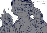  ! 2boys ahoge bennett_(genshin_impact) blush bone_necklace eyewear_on_head genshin_impact gloves greyscale hood hoodie male_focus monochrome multiple_boys razor_(genshin_impact) short_hair tapio668 