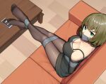  1girl bangs bare_shoulders bdsm black_shirt bondage bound bra_strap breasts cellphone cleavage commentary couch eyebrows_visible_through_hair from_above gag gbeeee green_eyes green_hair idolmaster idolmaster_cinderella_girls improvised_gag indoors large_breasts looking_at_viewer looking_up no_shoes off-shoulder_shirt off_shoulder pantyhose phone shirt short_hair sitting smartphone solo table takagaki_kaede tape tape_bondage tape_gag thighs 