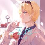  1boy bangs blonde_hair blue_eyes candy closed_mouth eyewear_on_head ezreal flower food grey_jacket hand_up highres jacket league_of_legends long_sleeves looking_at_viewer male_focus profile red_flower sample short_hair short_ponytail smile solo sunglasses translation_request user_ehxc5555 