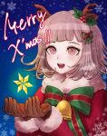  1girl :d absurdres antlers bangs bell blue_background blunt_bangs bow bowtie brown_gloves brown_hair christmas danganronpa_(series) danganronpa_2:_goodbye_despair dbals0807 fur-trimmed_jacket fur_trim gloves green_bow green_bowtie hair_bow hands_up happy highres jacket long_sleeves looking_at_viewer medium_hair merry_christmas nanami_chiaki open_mouth pink_eyes red_bow red_bowtie reindeer_antlers smile snowflakes solo star_(symbol) teeth upper_body upper_teeth 