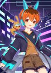  1boy animal_ears child coco_(vtuber) commentary_request eevee headgear highres looking_at_viewer open_mouth original pokemon_(creature) rabbit_ears red_eyes red_hair shorts solo_focus virtual_youtuber 
