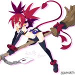  1girl absurdres bat_wings boots broom demon_girl demon_tail demon_wings disgaea earrings etna flat_chest flying highres jewelry looking_at_viewer makai_senki_disgaea mini_wings navel pointy_ears red_eyes red_hair red_wings short_shorts shorts skull skull_earrings solo tail thigh_boots thighhighs thighhighs_under_boots wings 